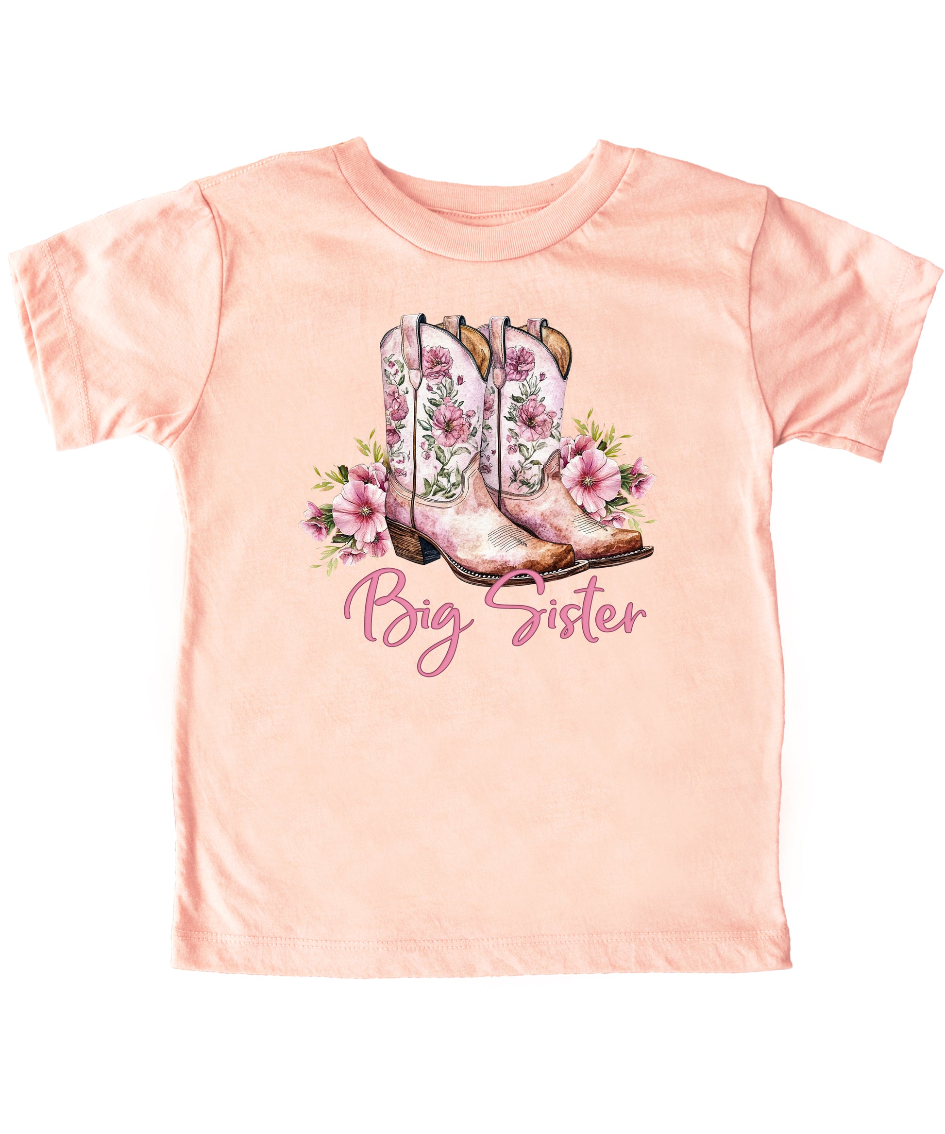 Big Sister floral cowgirl boots shirt for baby, toddler and youth girls in Peach Shirt - view 3