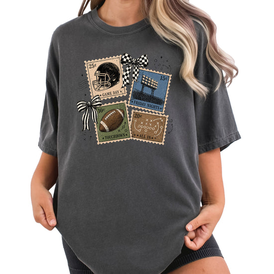 Vintage Football Stamps Coquette Bow Comfort Colors tee in Pepper - view 4