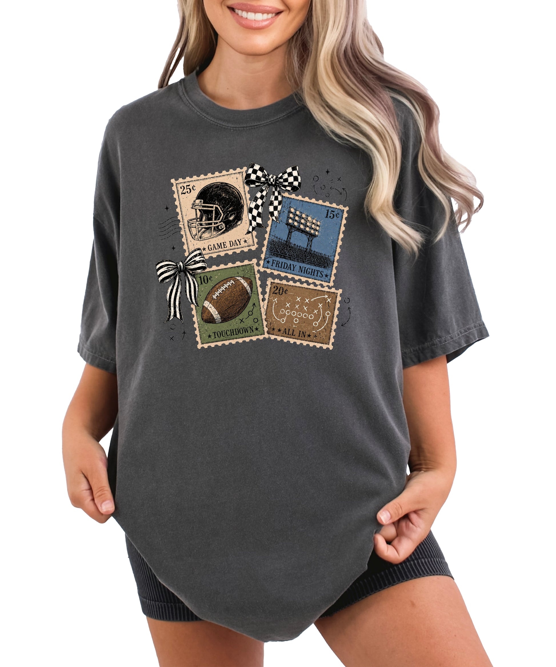 Vintage Football Stamps Coquette Bow Comfort Colors tee in Pepper - view 4