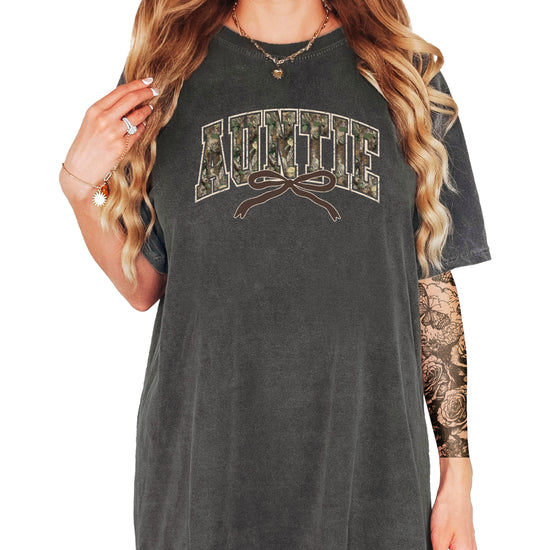 Auntie camo coquette bow womens tee in Pepper gray, product view 4