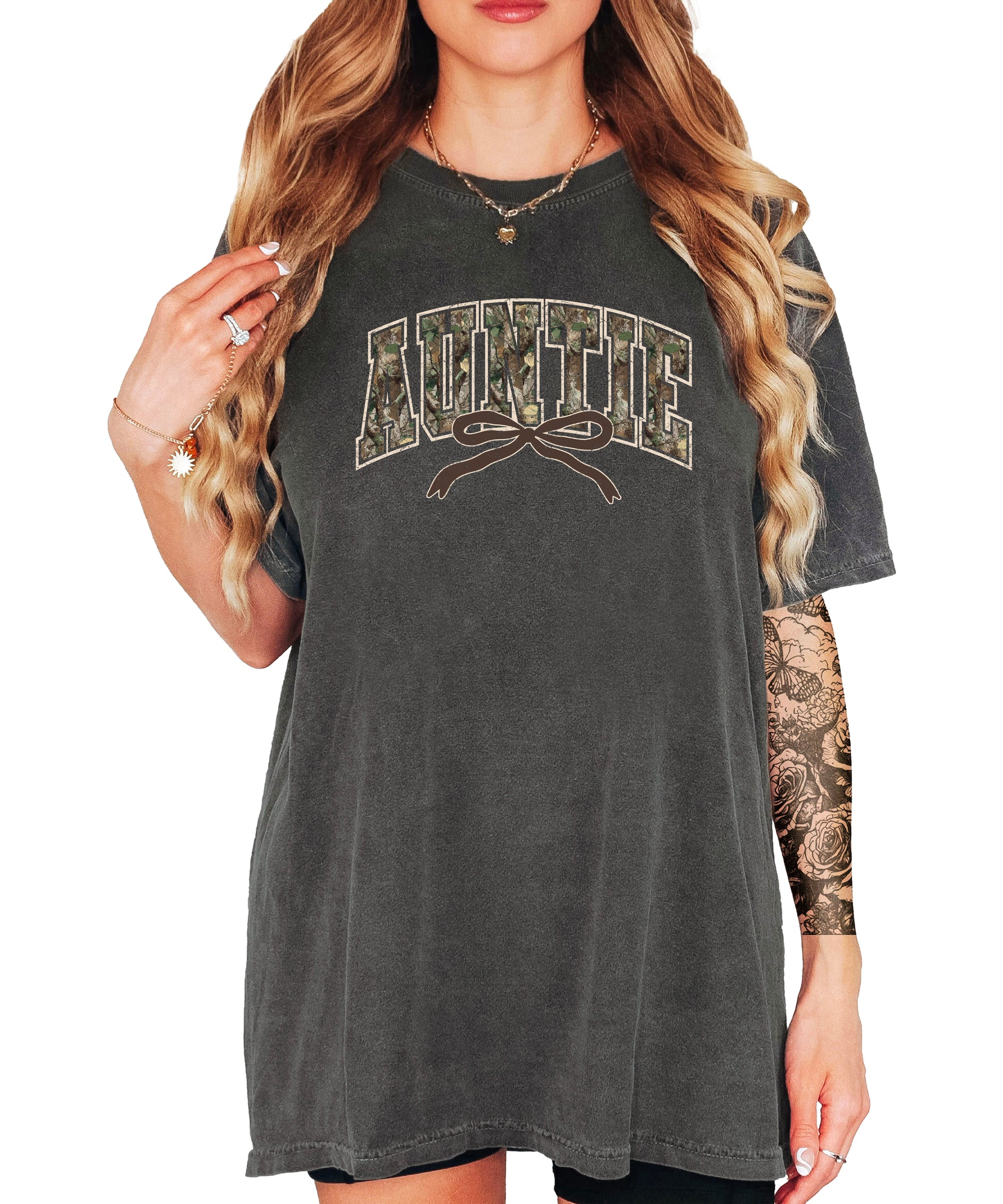 Auntie camo coquette bow womens tee in Pepper gray, product view 4