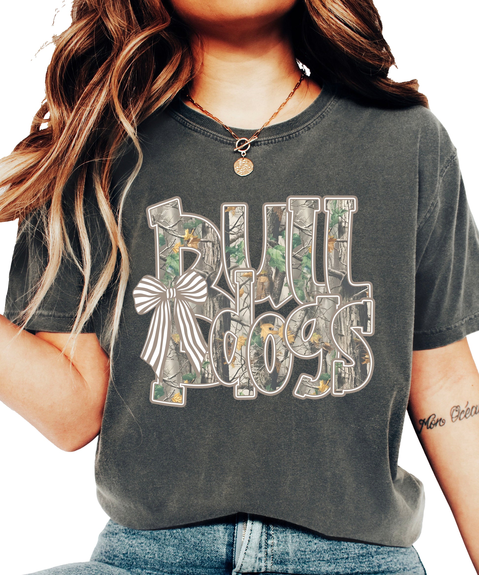 Bulldogs Camo Coquette Bow Comfort Colors tee in Pepper - view 4