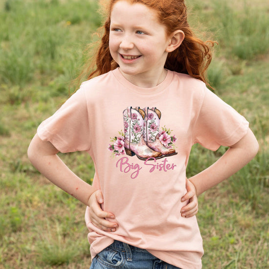Big Sister floral cowgirl boots shirt for baby, toddler and youth girls in Peach Shirt - view 4