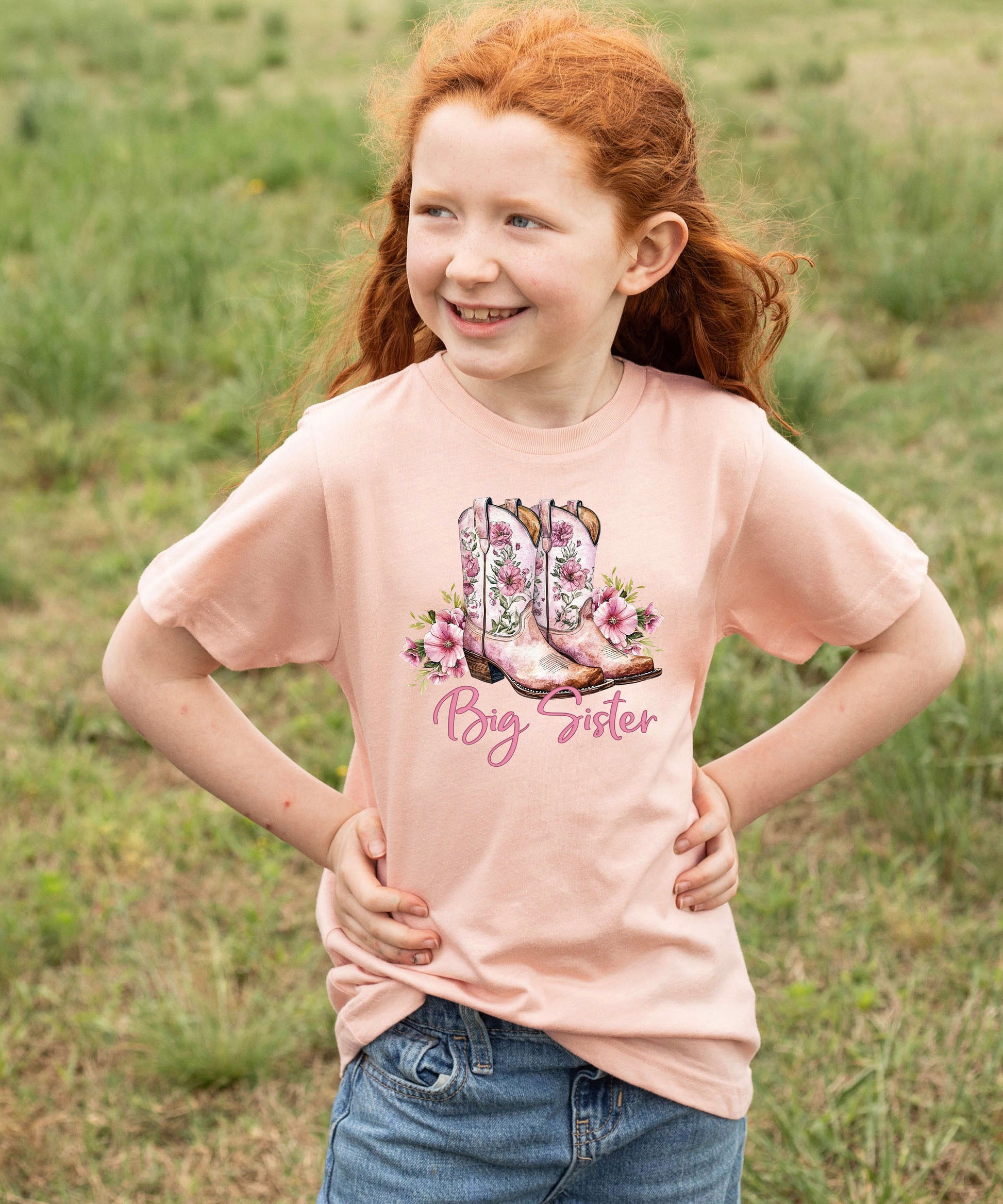 Big Sister floral cowgirl boots shirt for baby, toddler and youth girls in Peach Shirt - view 4