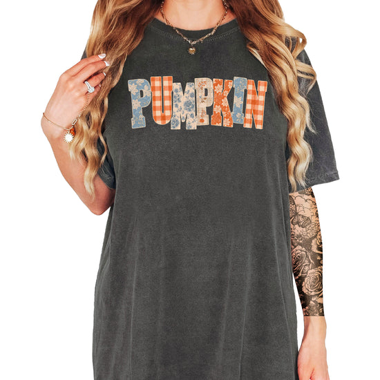 Pumpkin patch fall graphic tee for women in Pepper on Comfort Colors 1717, back view