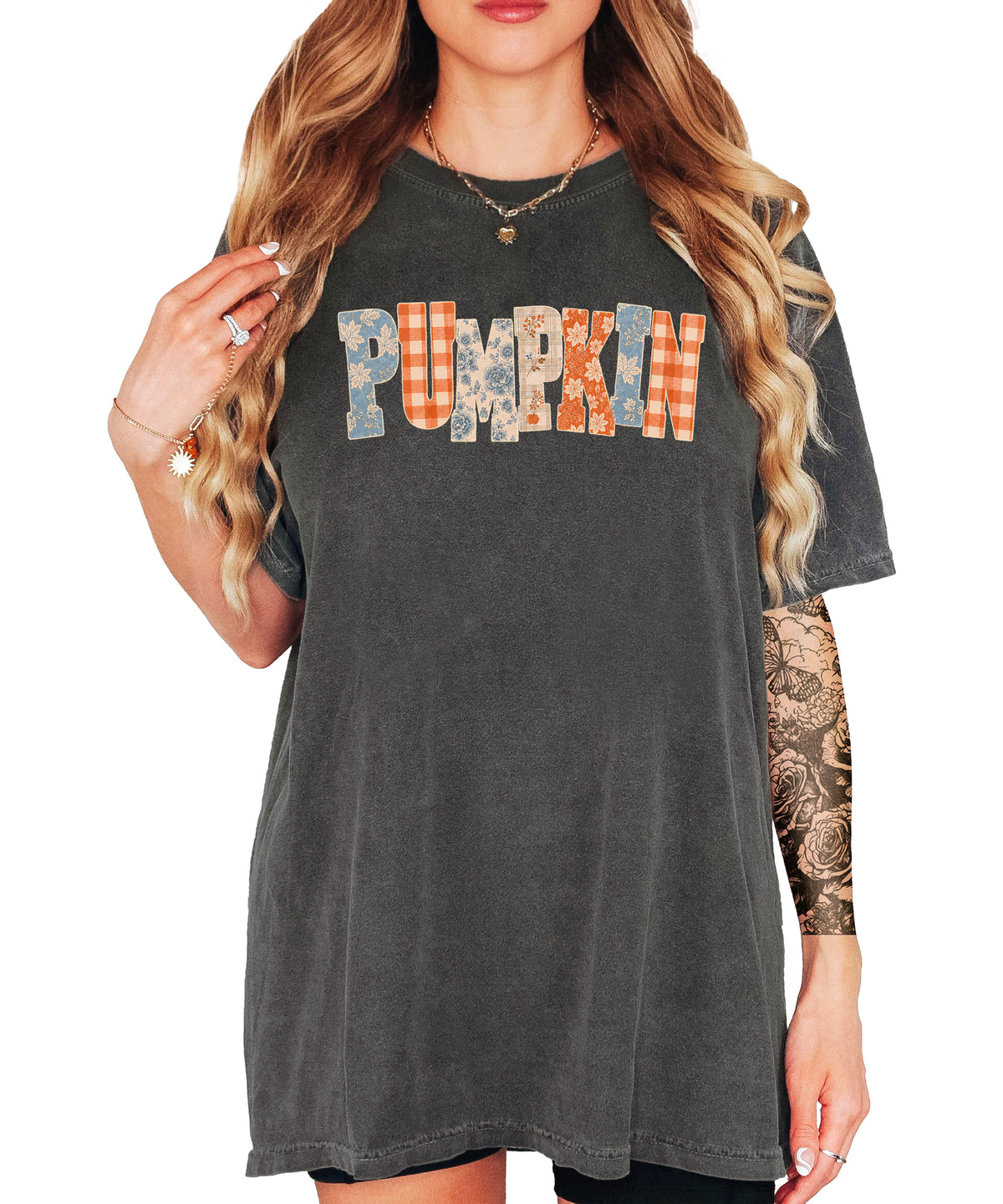 Pumpkin patch fall graphic tee for women in Pepper on Comfort Colors 1717, back view