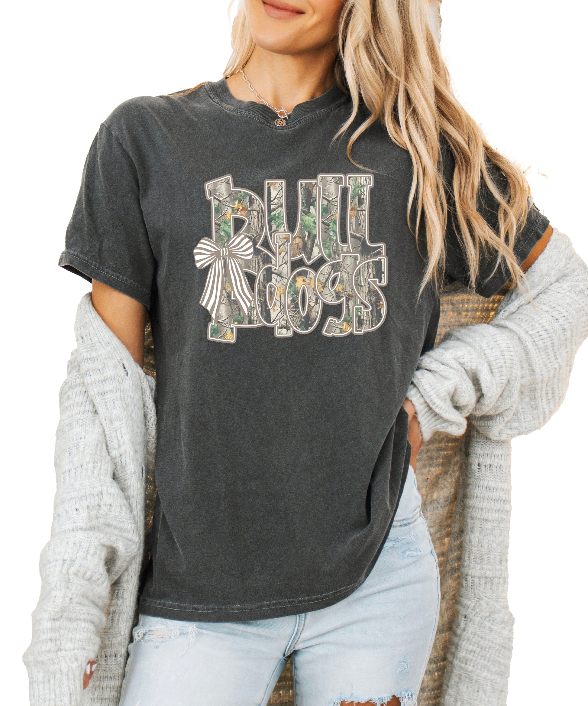 Bulldogs Camo Coquette Bow Comfort Colors tee in Pepper - view 5