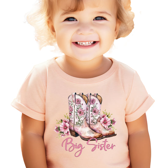 Big Sister floral cowgirl boots shirt for baby, toddler and youth girls in Peach Shirt - view 5