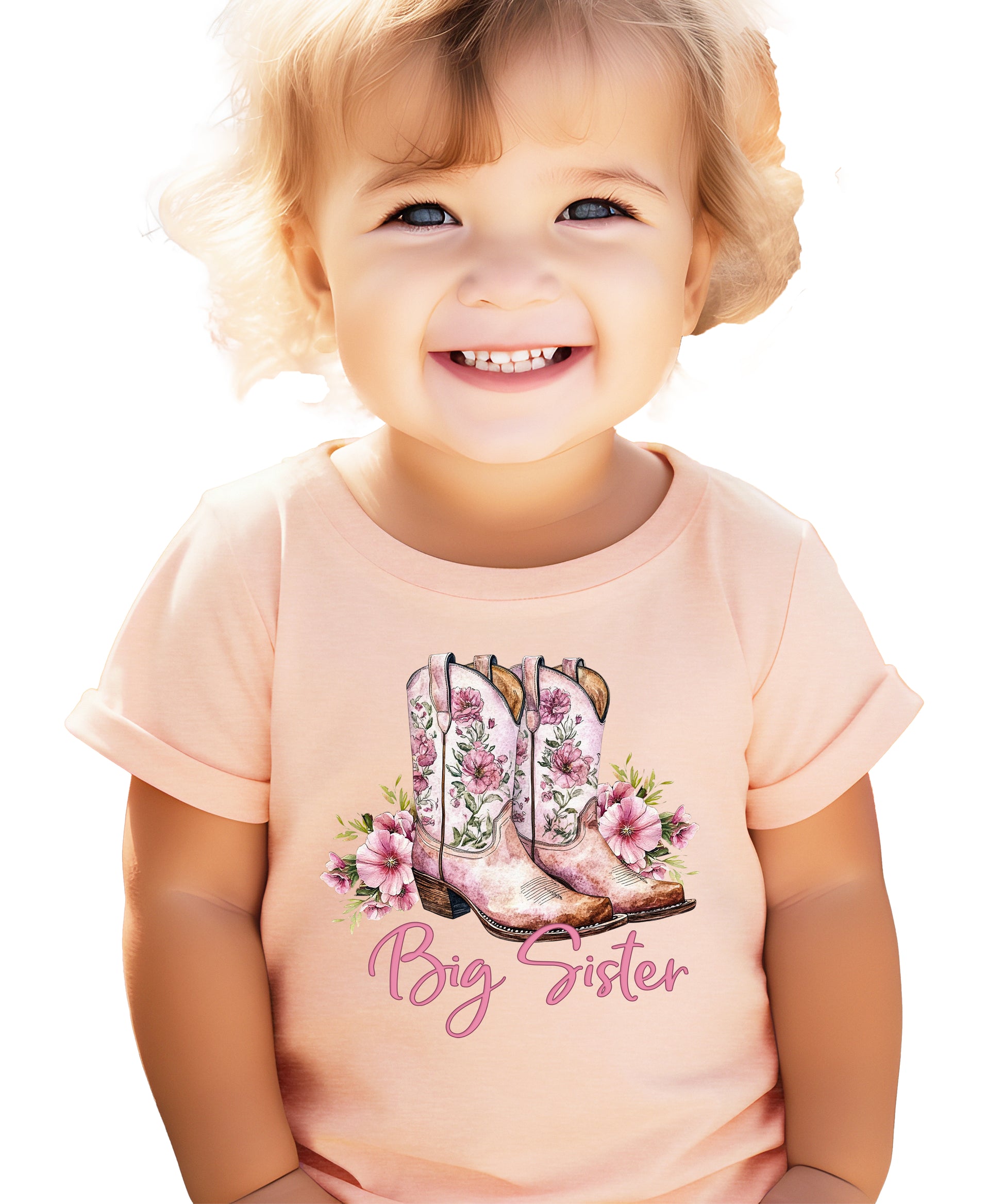 Big Sister floral cowgirl boots shirt for baby, toddler and youth girls in Peach Shirt - view 5