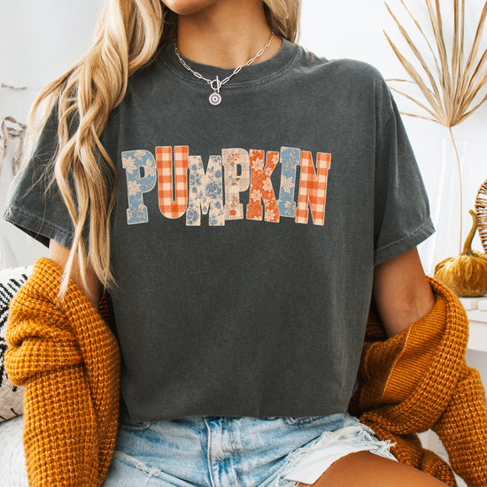 Pumpkin patch fall graphic tee for women in Pepper on Comfort Colors 1717, styled view