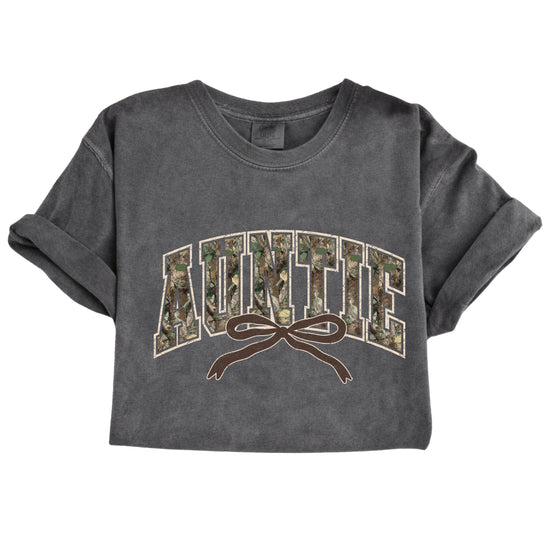 Auntie camo coquette bow womens tee in Pepper gray, product view 5