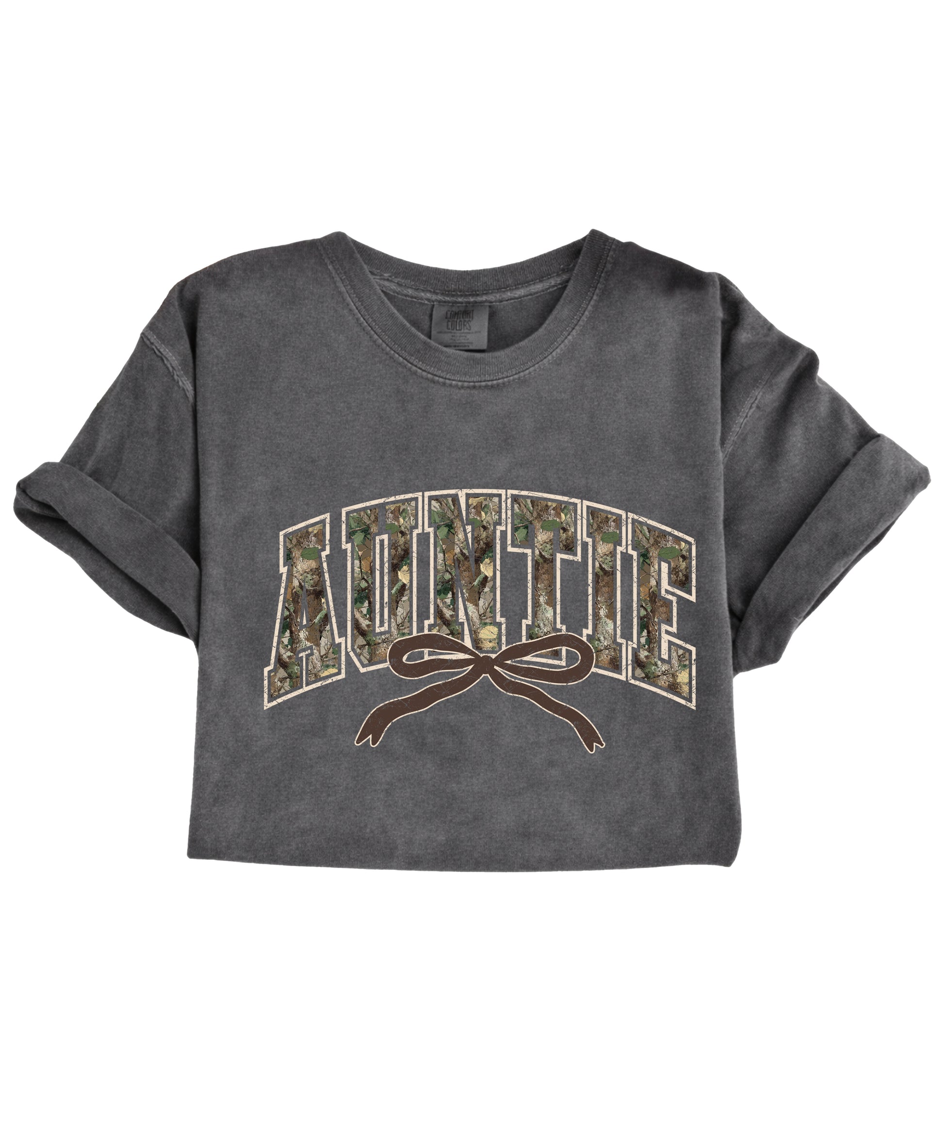 Auntie camo coquette bow womens tee in Pepper gray, product view 5