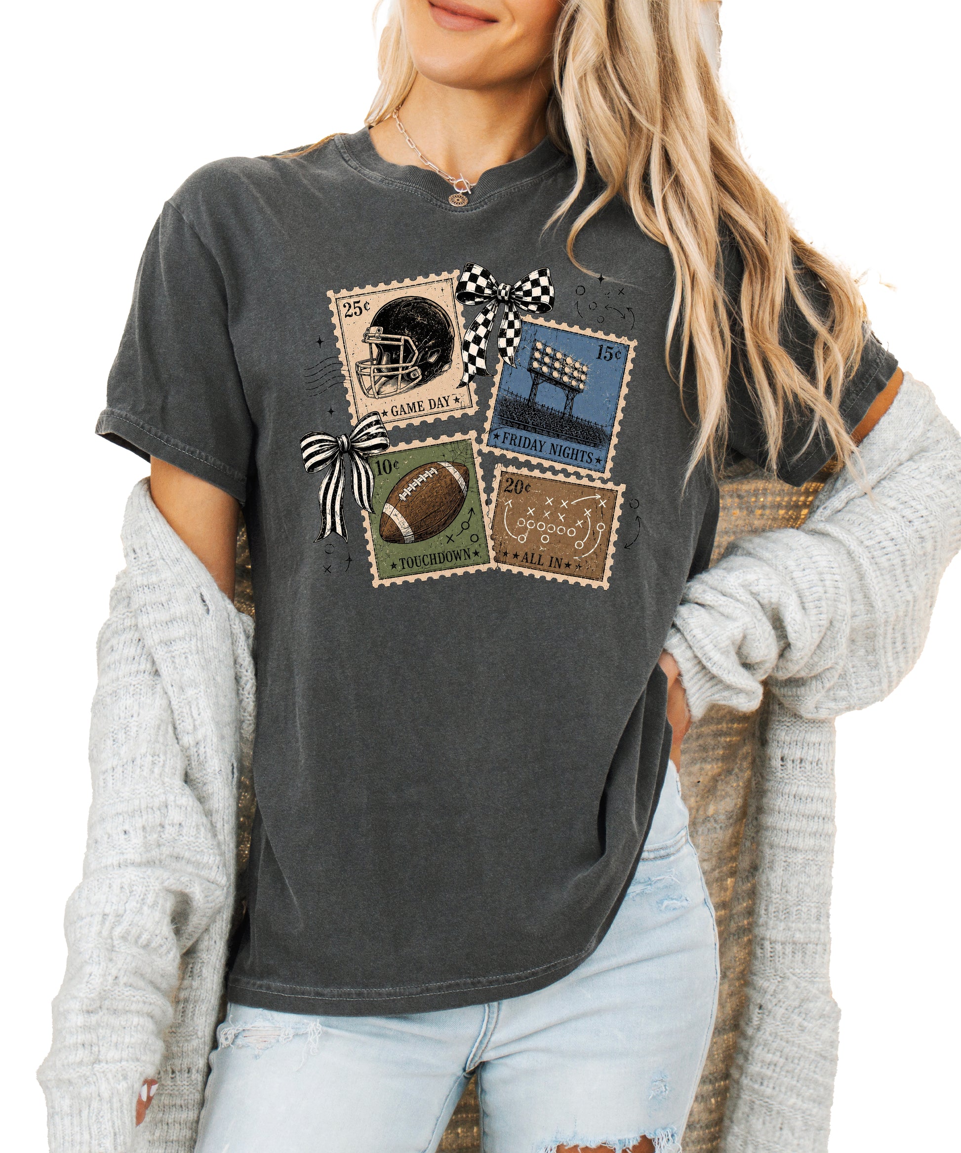 Vintage Football Stamps Coquette Bow Comfort Colors tee in Pepper - view 5