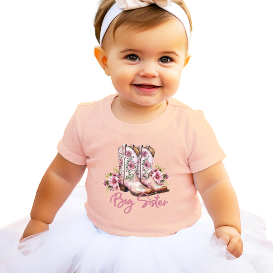 Big Sister floral cowgirl boots shirt for baby, toddler and youth girls in Peach Shirt - view 6