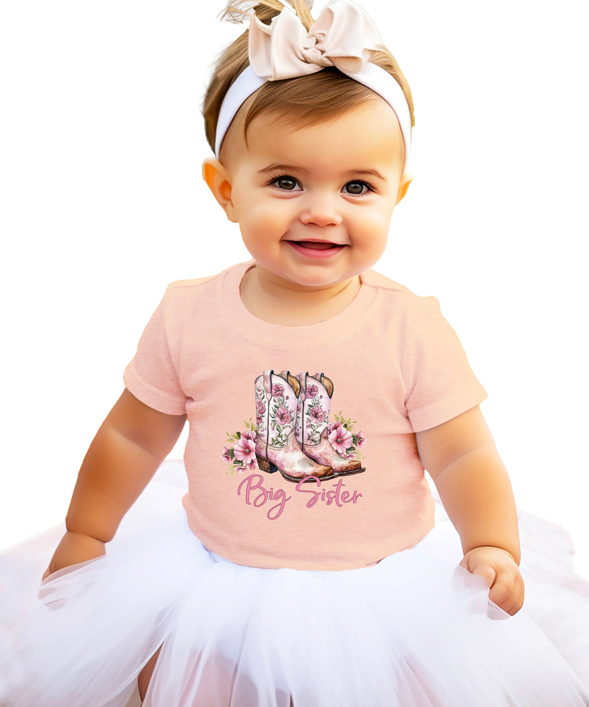 Big Sister floral cowgirl boots shirt for baby, toddler and youth girls in Peach Shirt - view 6