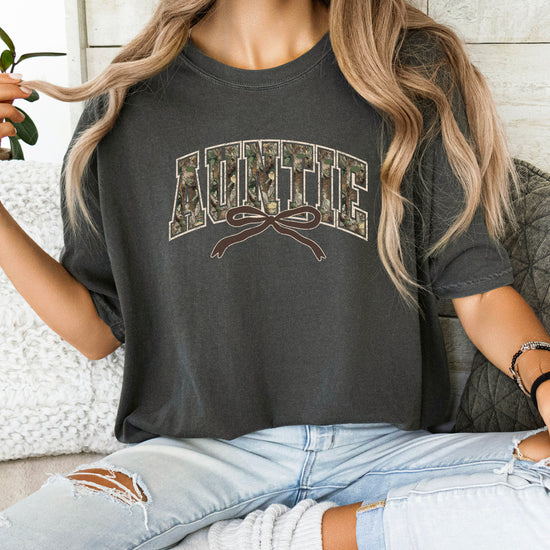 Auntie camo coquette bow womens tee in Pepper gray, product view 6
