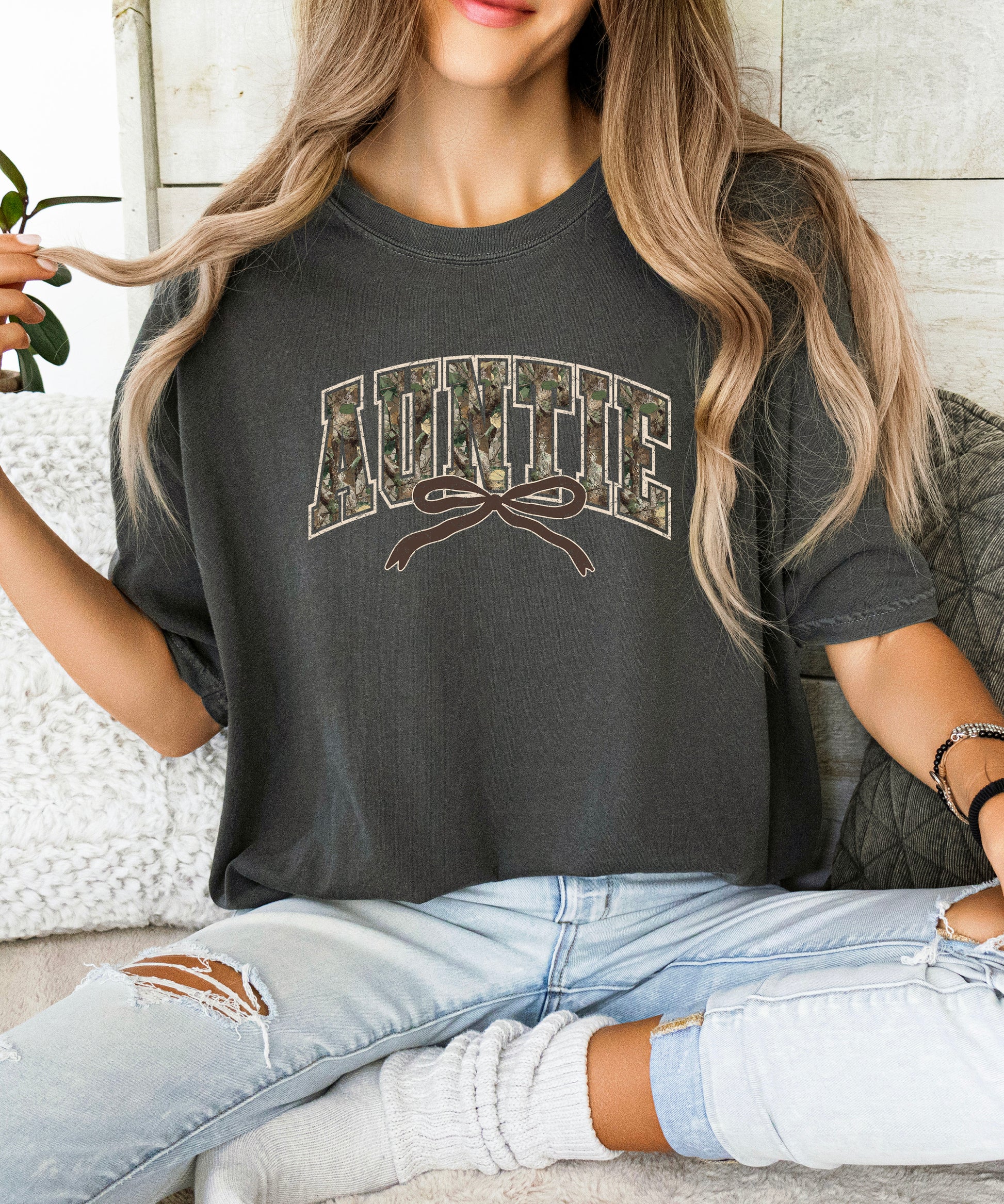 Auntie camo coquette bow womens tee in Pepper gray, product view 6