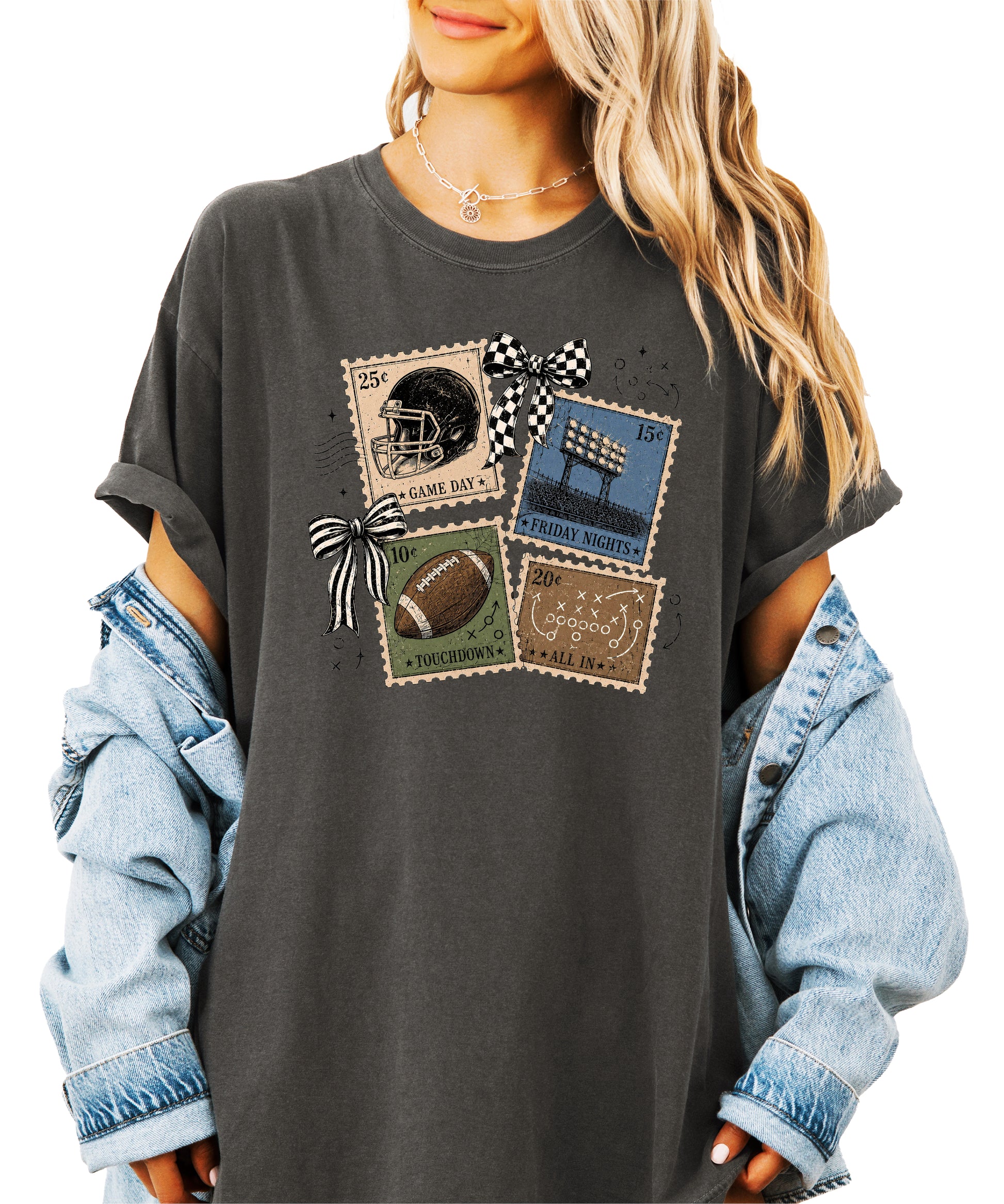 Vintage Football Stamps Coquette Bow Comfort Colors tee in Pepper - view 6