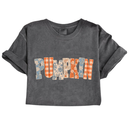 Pumpkin patch fall graphic tee for women in Pepper on Comfort Colors 1717, close-up detail