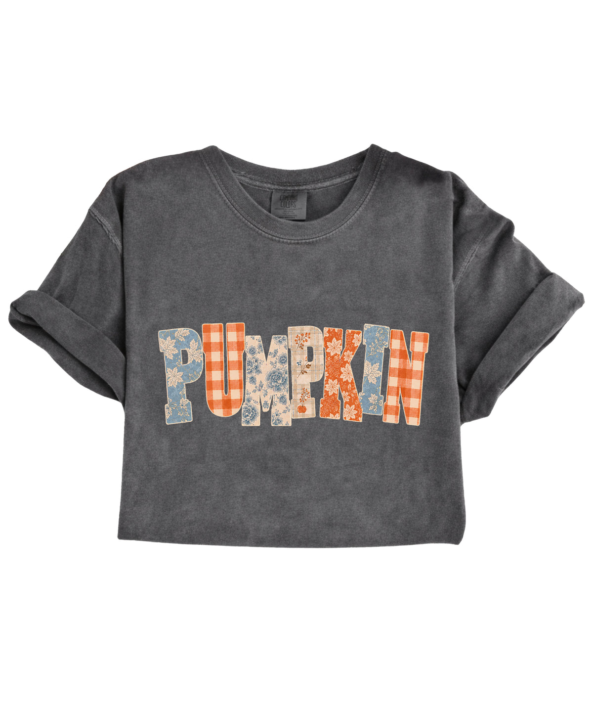 Pumpkin patch fall graphic tee for women in Pepper on Comfort Colors 1717, close-up detail