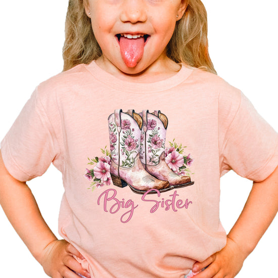 Big Sister floral cowgirl boots shirt for baby, toddler and youth girls in Peach Shirt - view 7