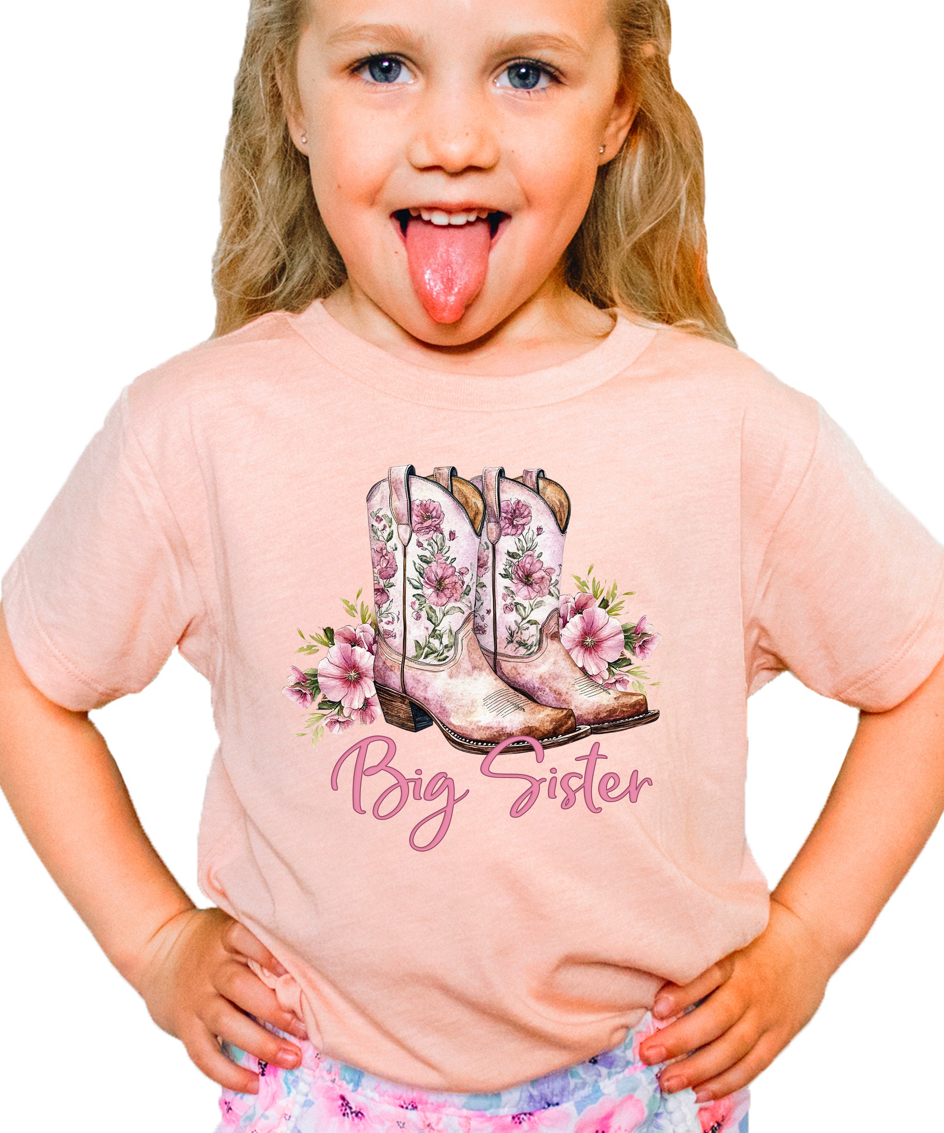 Big Sister floral cowgirl boots shirt for baby, toddler and youth girls in Peach Shirt - view 7