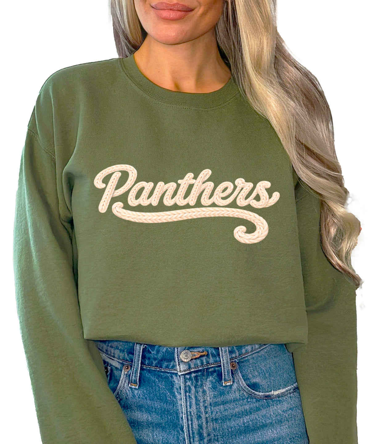 Panthers yarn look crewneck sweatshirt for women in Army Green