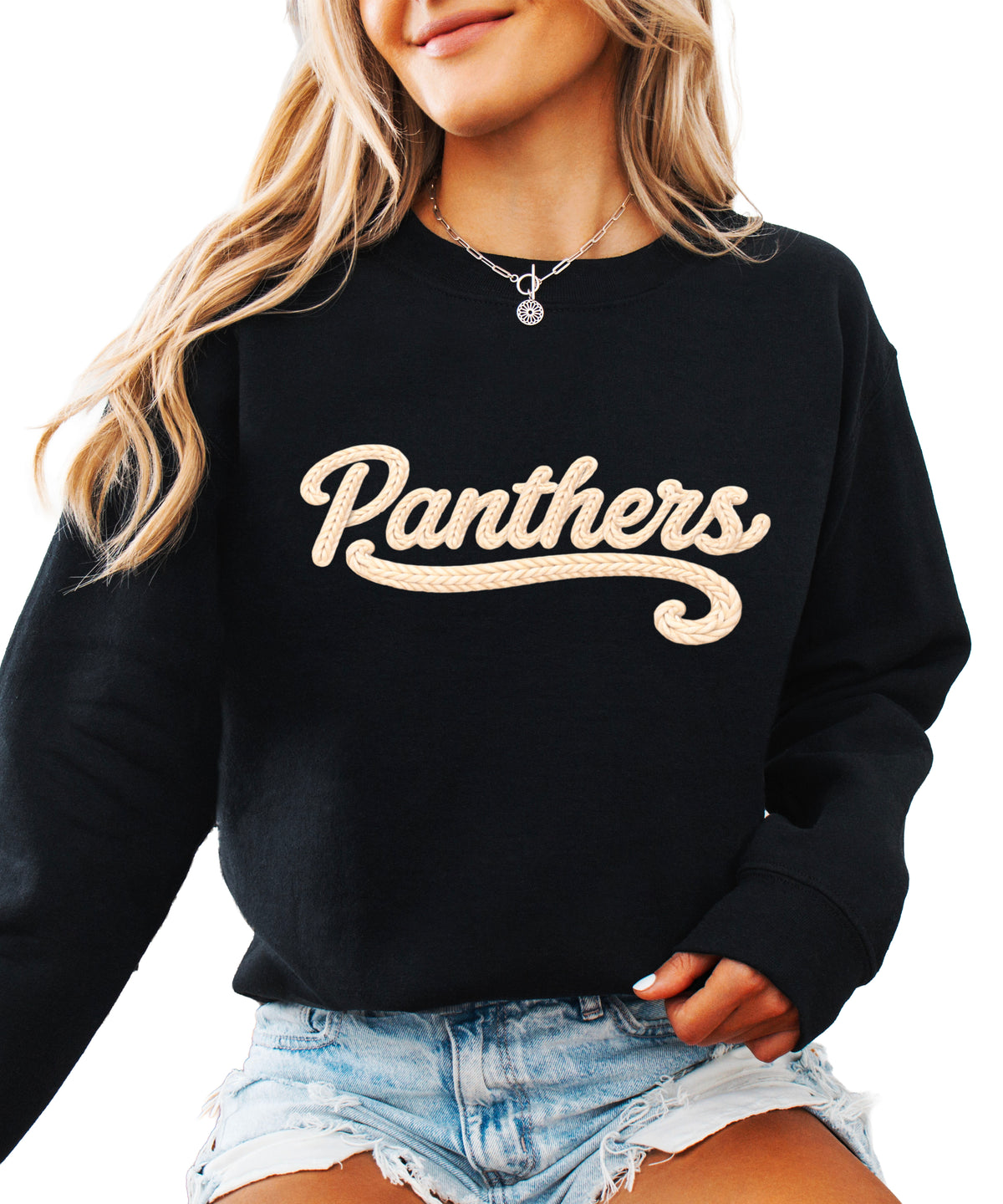 Panthers yarn look crewneck sweatshirt for women in Black