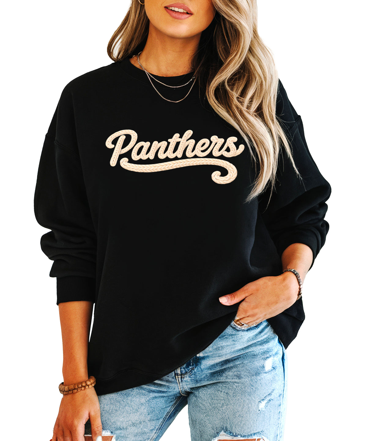 Panthers yarn look crewneck sweatshirt for women in Black
