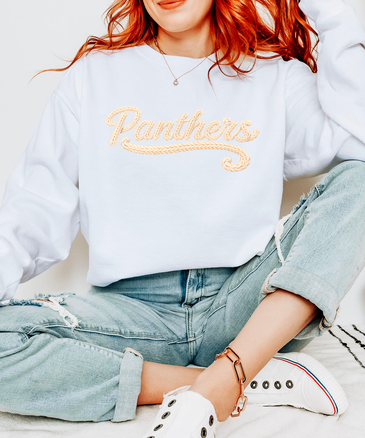 Panthers yarn look crewneck sweatshirt for women in White