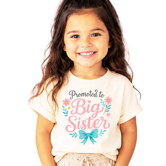 Promoted to Big Sister floral bow tee, Natural Shirt, front view
