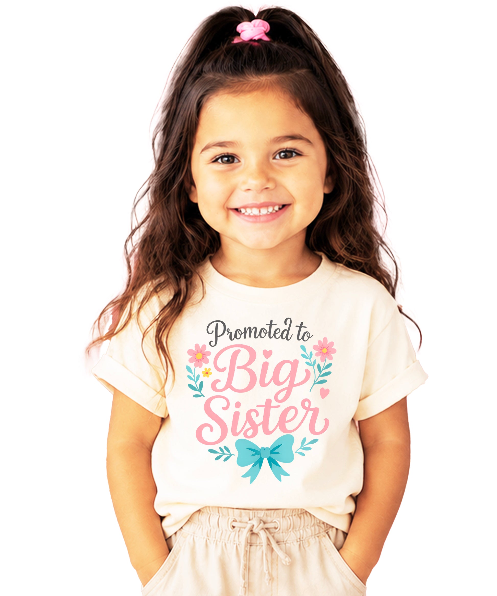 Promoted to Big Sister floral bow tee, Natural Shirt, front view