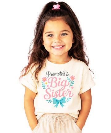 Promoted to Big Sister floral bow tee, Natural Shirt, front view