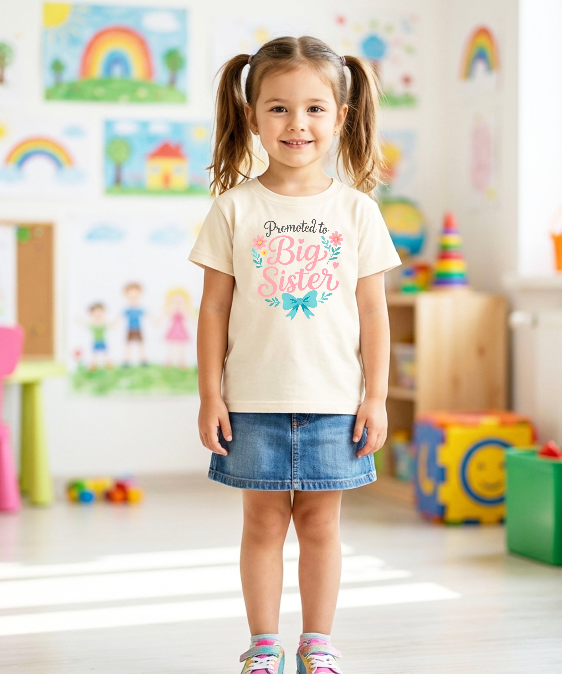 Promoted to Big Sister floral bow tee, Natural Shirt, detail view