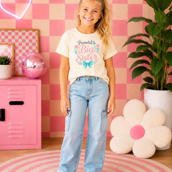 Promoted to Big Sister floral bow tee, Natural Shirt, styled view