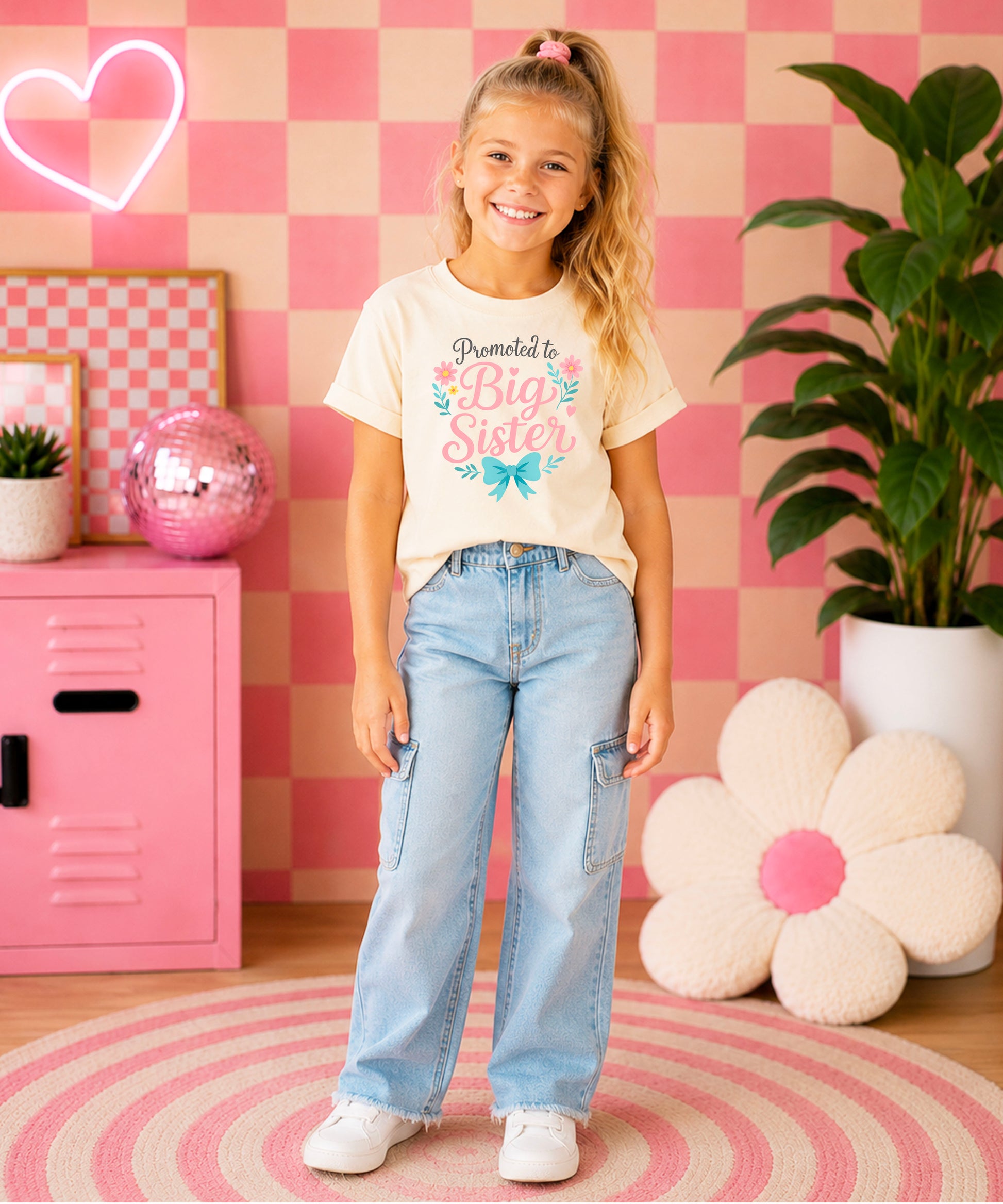 Promoted to Big Sister floral bow tee, Natural Shirt, styled view