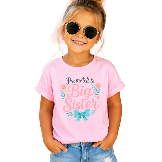 Promoted to Big Sister floral bow tee, Pink Shirt, front view