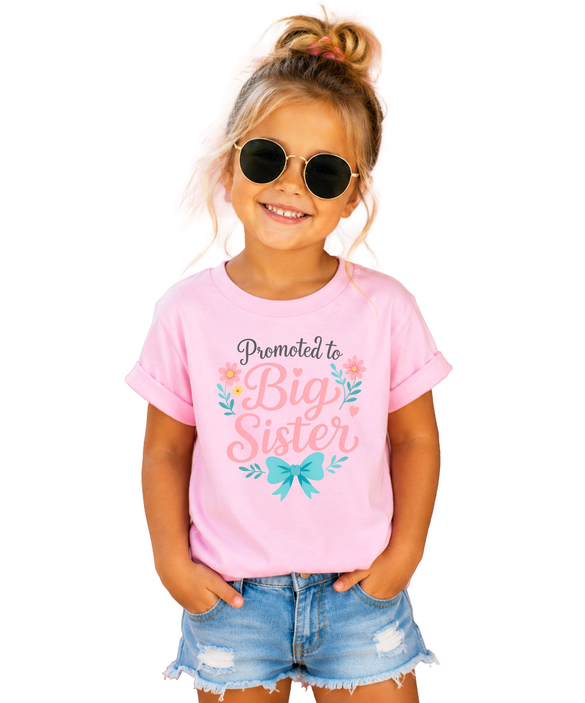 Promoted to Big Sister floral bow tee, Pink Shirt, front view