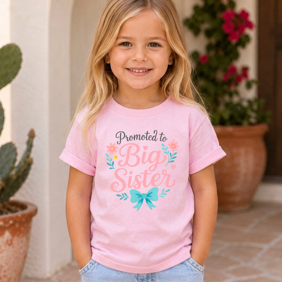 Promoted to Big Sister floral bow tee, Pink Shirt, detail view