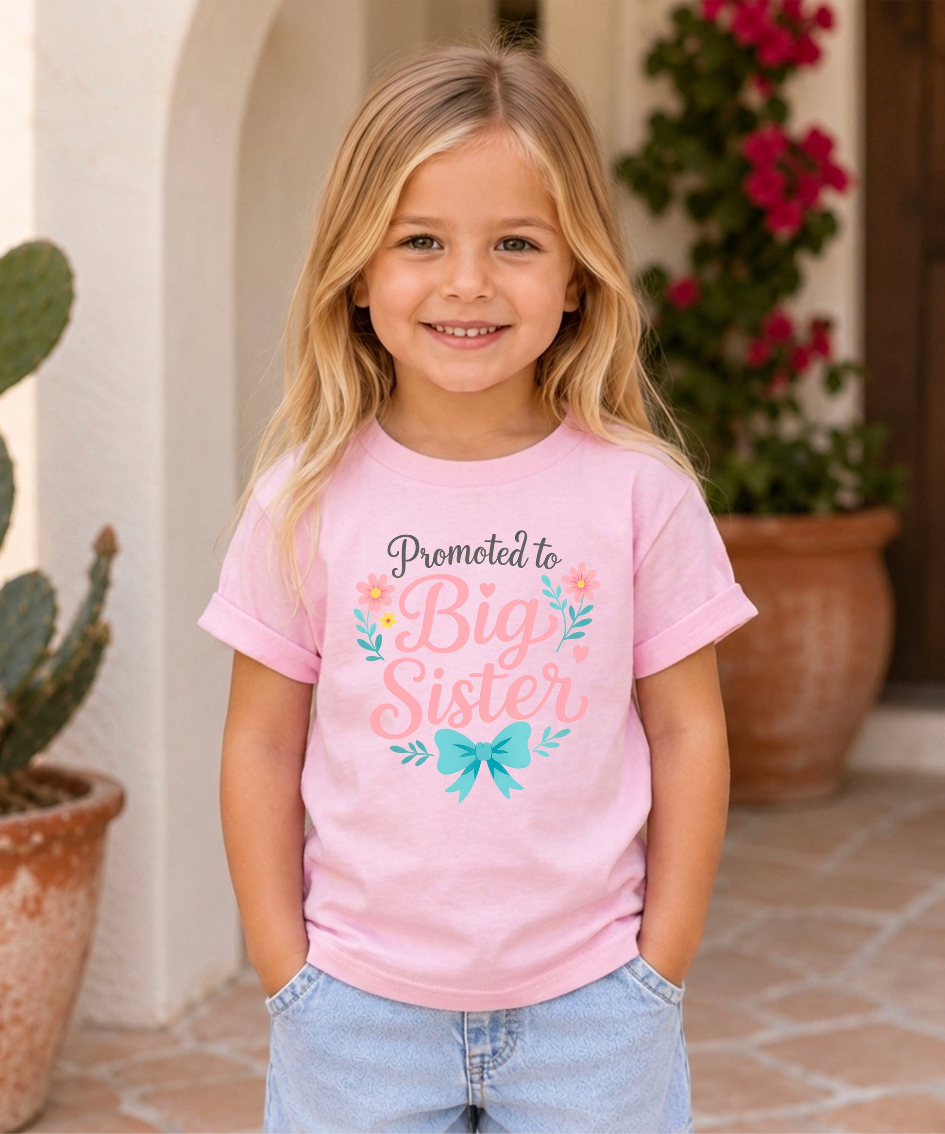 Promoted to Big Sister floral bow tee, Pink Shirt, detail view