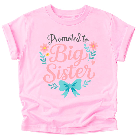 Promoted to Big Sister floral bow tee, Pink Shirt, lifestyle view