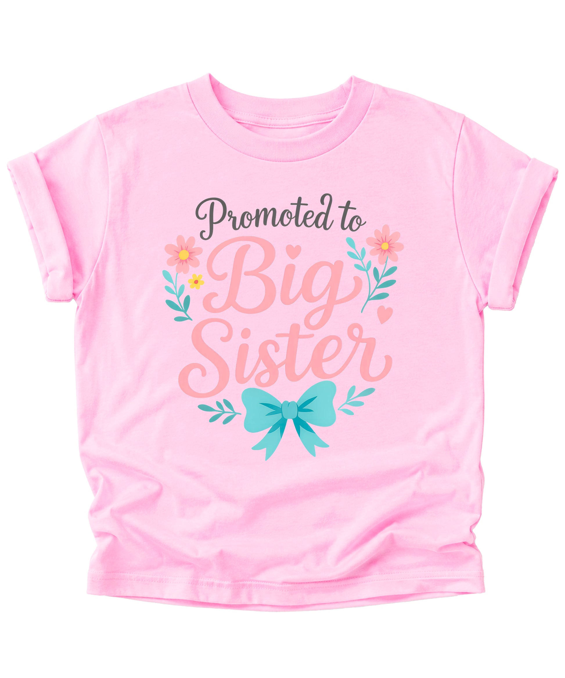 Promoted to Big Sister floral bow tee, Pink Shirt, lifestyle view