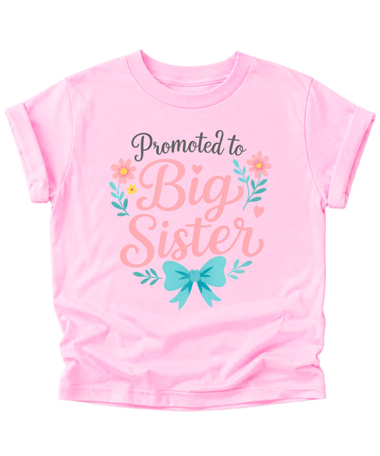 Promoted to Big Sister floral bow tee, Pink Shirt, lifestyle view