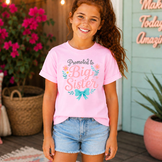 Promoted to Big Sister floral bow tee, Pink Shirt, styled view