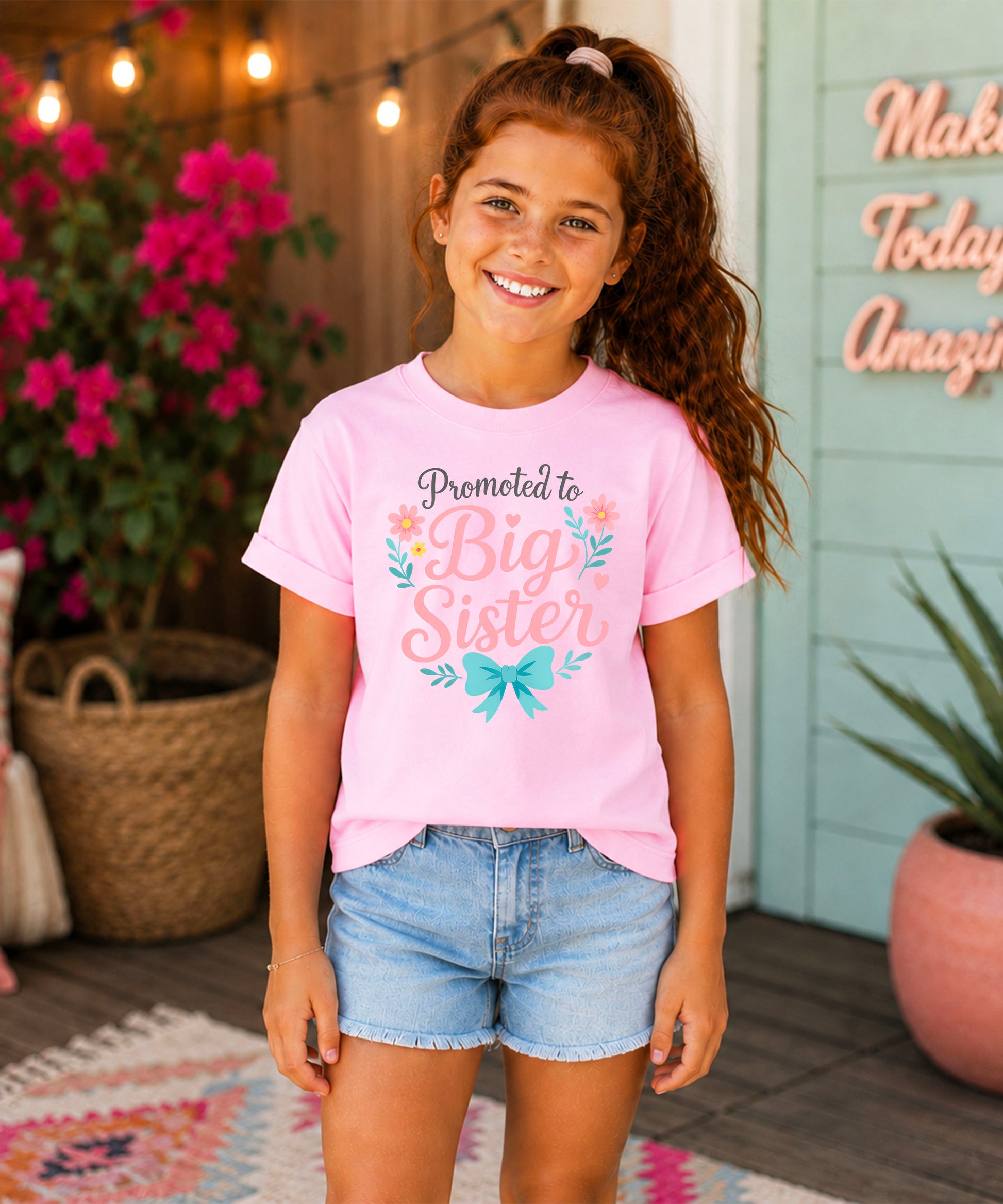 Promoted to Big Sister floral bow tee, Pink Shirt, styled view
