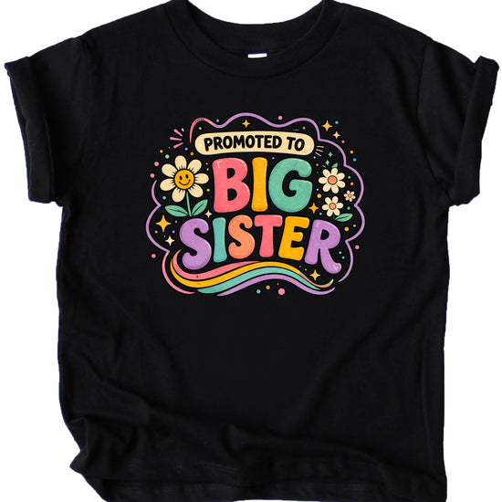 Promoted to Big Sister daisy rainbow girls tee in Black by Olive Loves Apple (view 1)