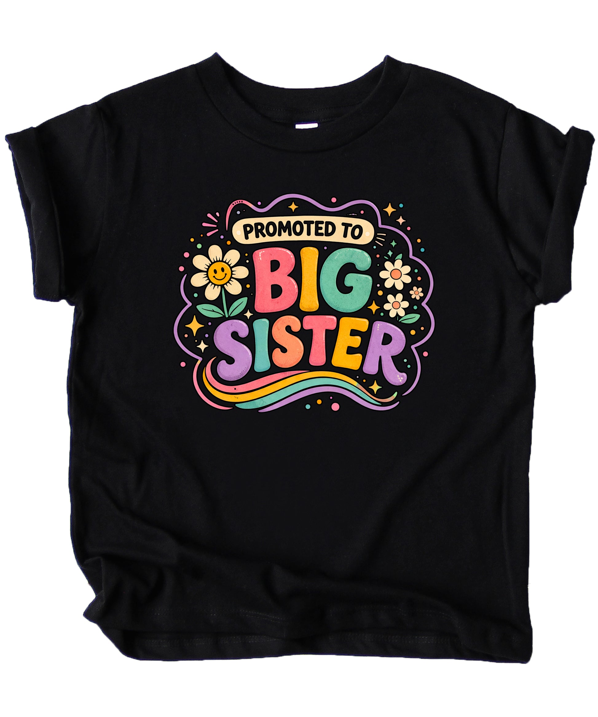 Promoted to Big Sister daisy rainbow girls tee in Black by Olive Loves Apple (view 1)