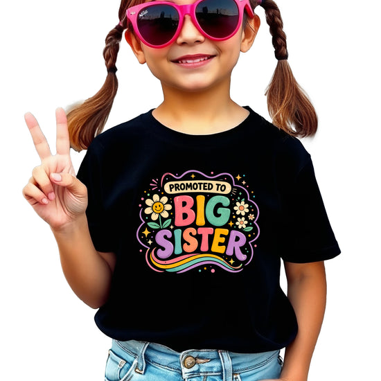 Promoted to Big Sister daisy rainbow girls tee in Black by Olive Loves Apple (view 2)