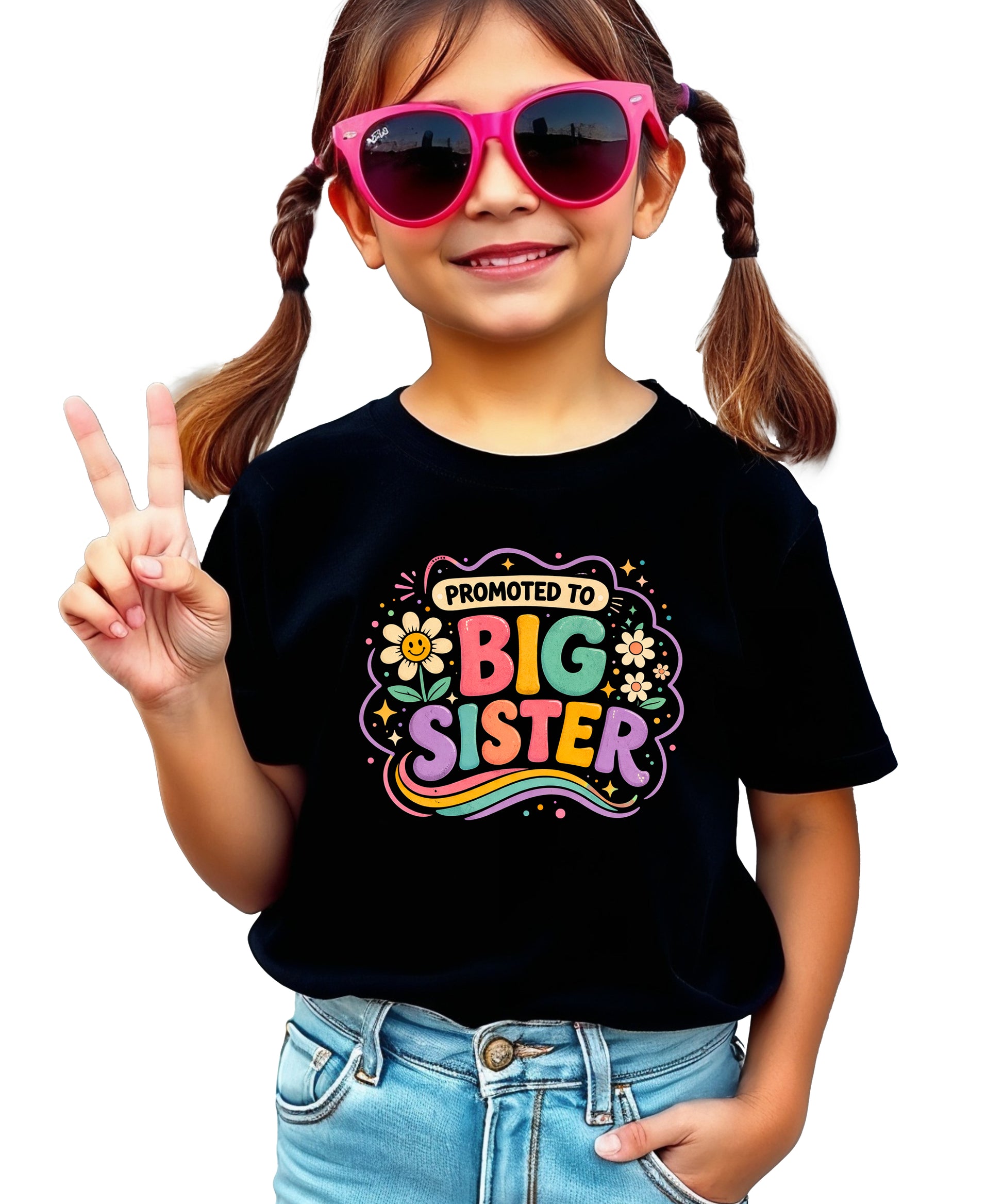 Promoted to Big Sister daisy rainbow girls tee in Black by Olive Loves Apple (view 2)