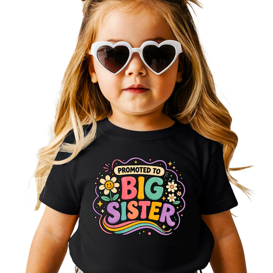 Promoted to Big Sister daisy rainbow girls tee in Black by Olive Loves Apple (view 3)